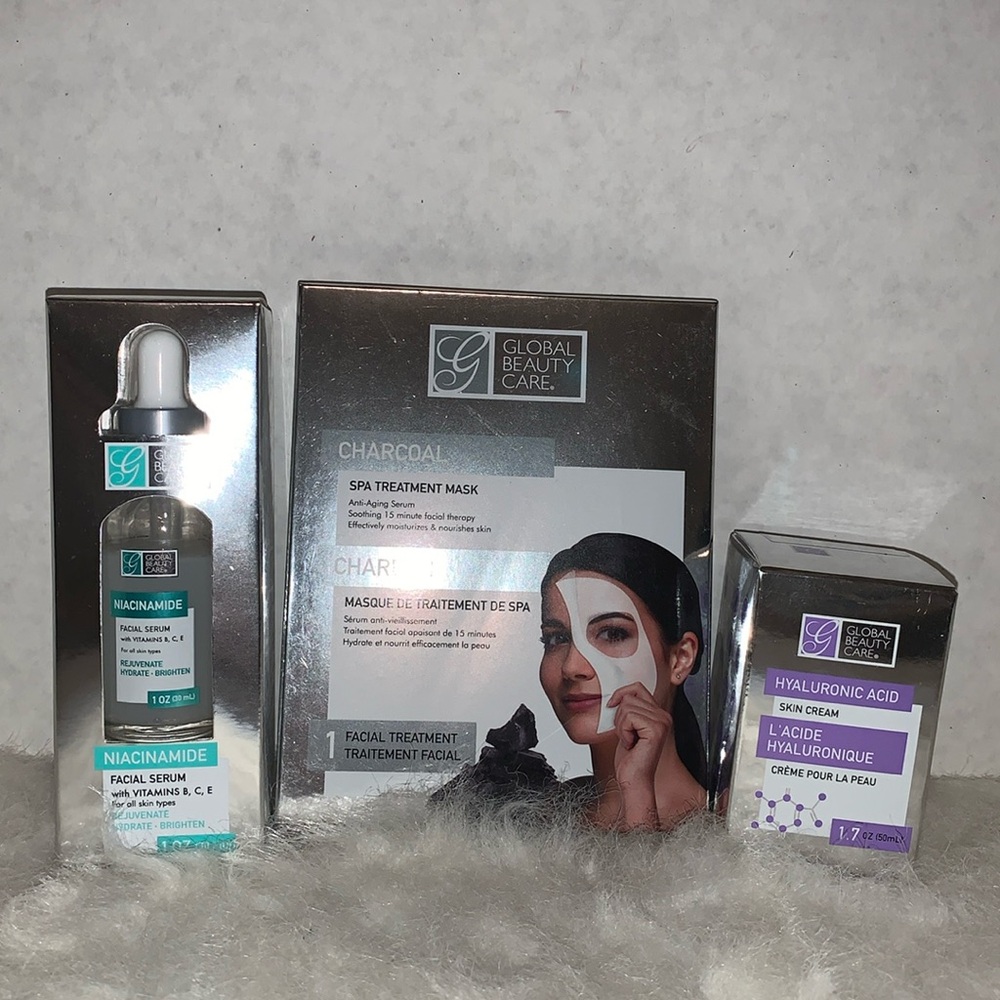 Facial care bundle. Hyaluronic acid sink cream, charcoal spa mask, facial serum